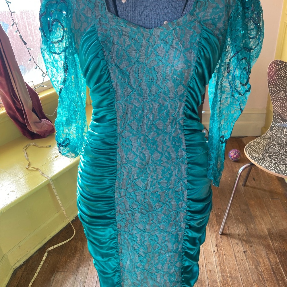 Flashy Teal Satin Dress with Lace Sleeves.